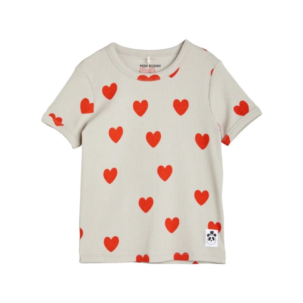 Mini Rodini 5-7y Ribbed Heart T-Shirt short 0868 sleeve beige red